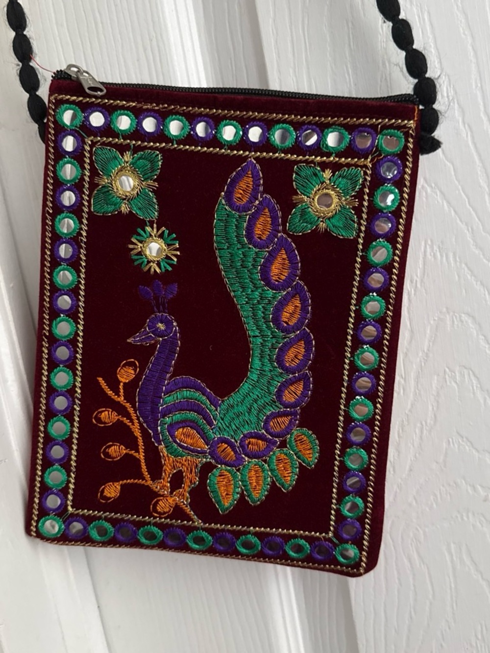 Source Unknown Embroidered Peacock Crossbody Bag - Burgundy, Green & Purple